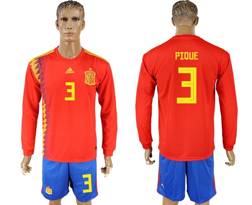 Spain #3 Pique Red Home Long Sleeves Soccer Country Jersey